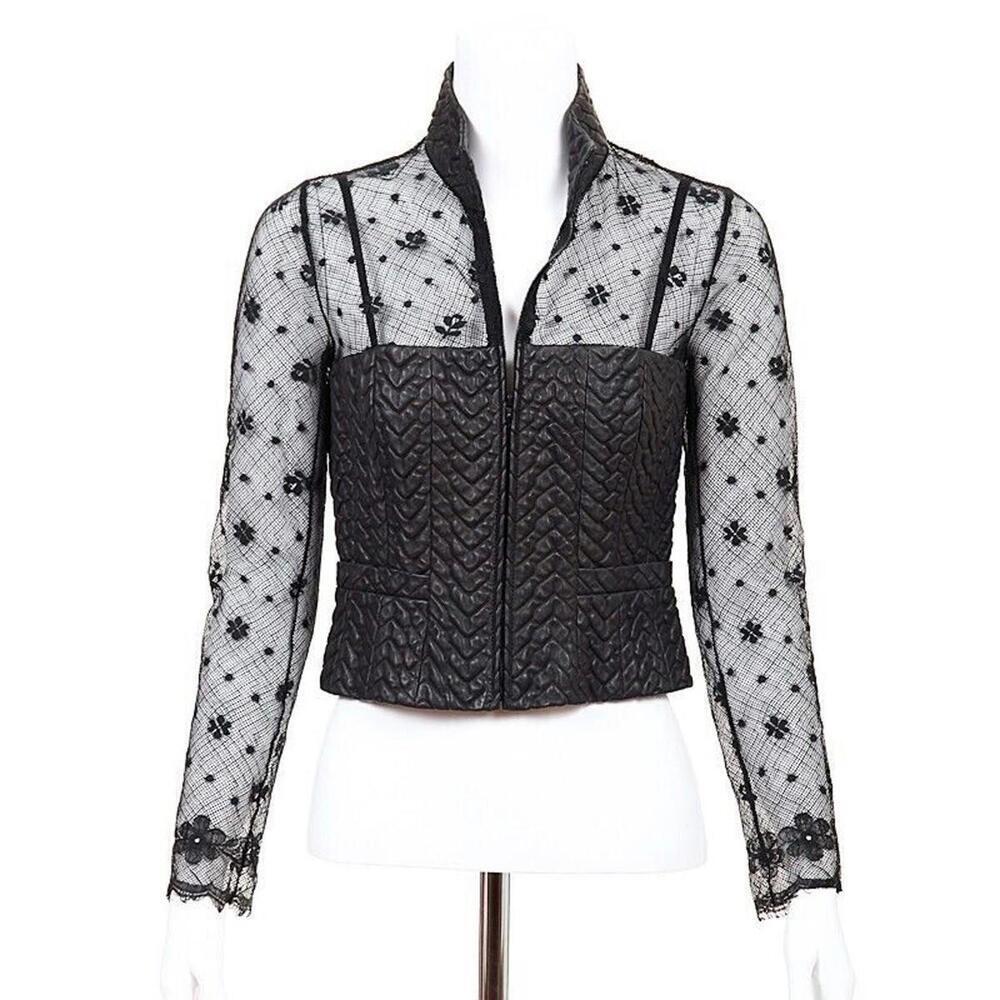 03A CHANEL Leather Lace Black Top 2003 Rare Long Sleeve FR-36 Blouse Jacket